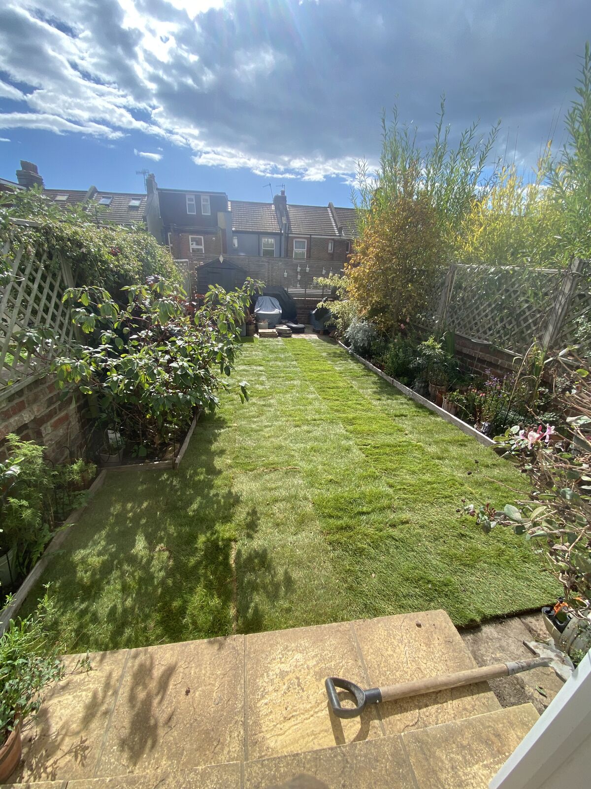 The same terraced garden finished with a fresh green lawn seen from the patio steps