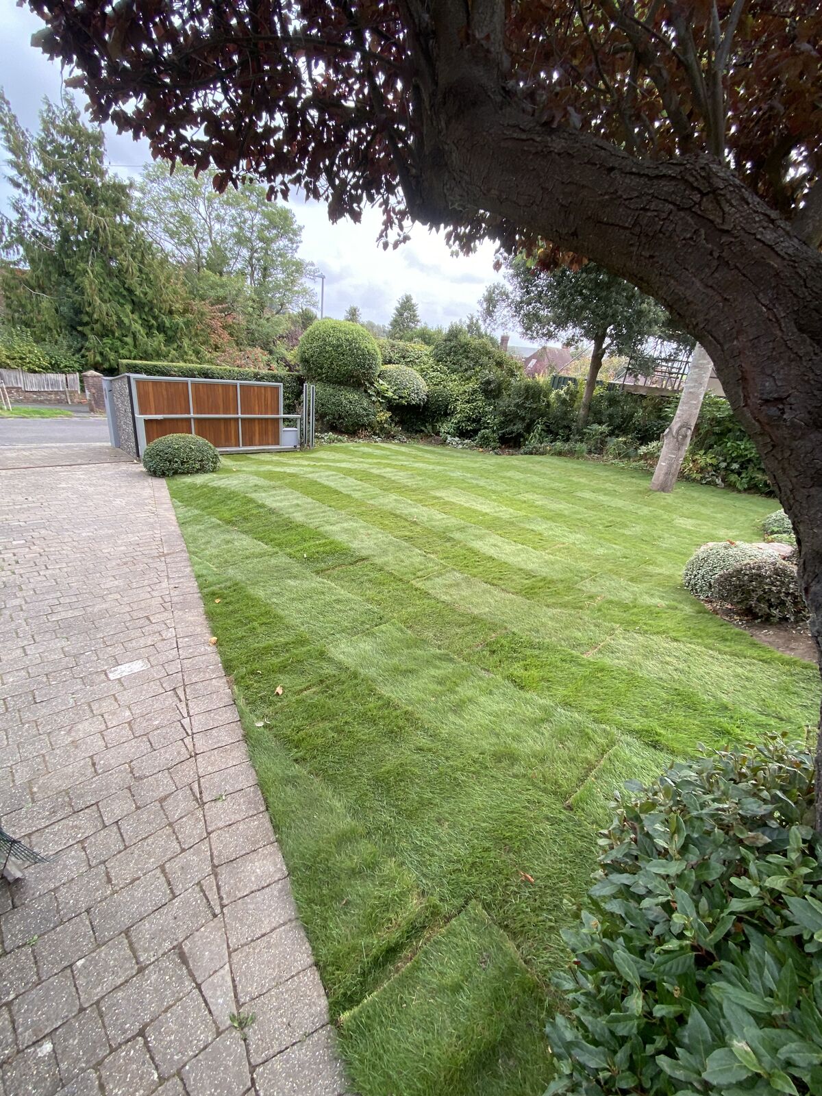 The same garden finished with a freshly laid striped lawn running up to the driveway