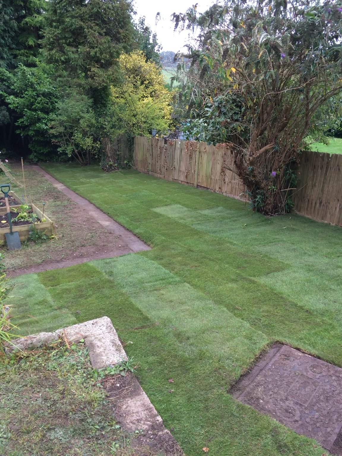 New turf laid in a long garden